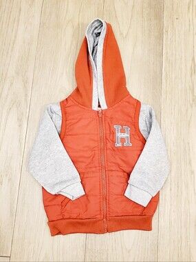 Huntington Beach Toddler Hooded Orange Puffer Style Jacket with Grey Sleeves 3T